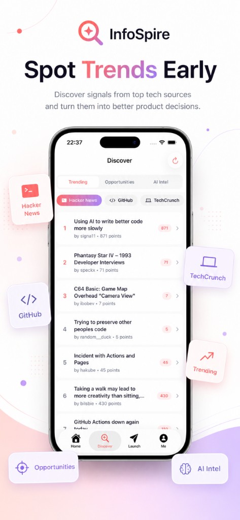 InfoSpire Discover — Trending tech news from Hacker News, GitHub, TechCrunch